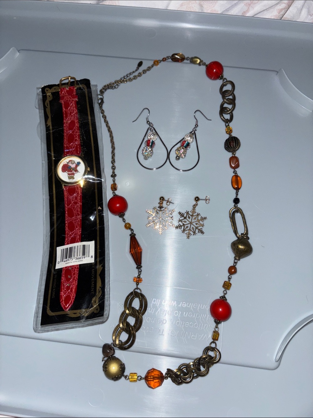 Red Leather Strap Watch with Multi-Color Beaded Necklace Set 2 pair earrings
